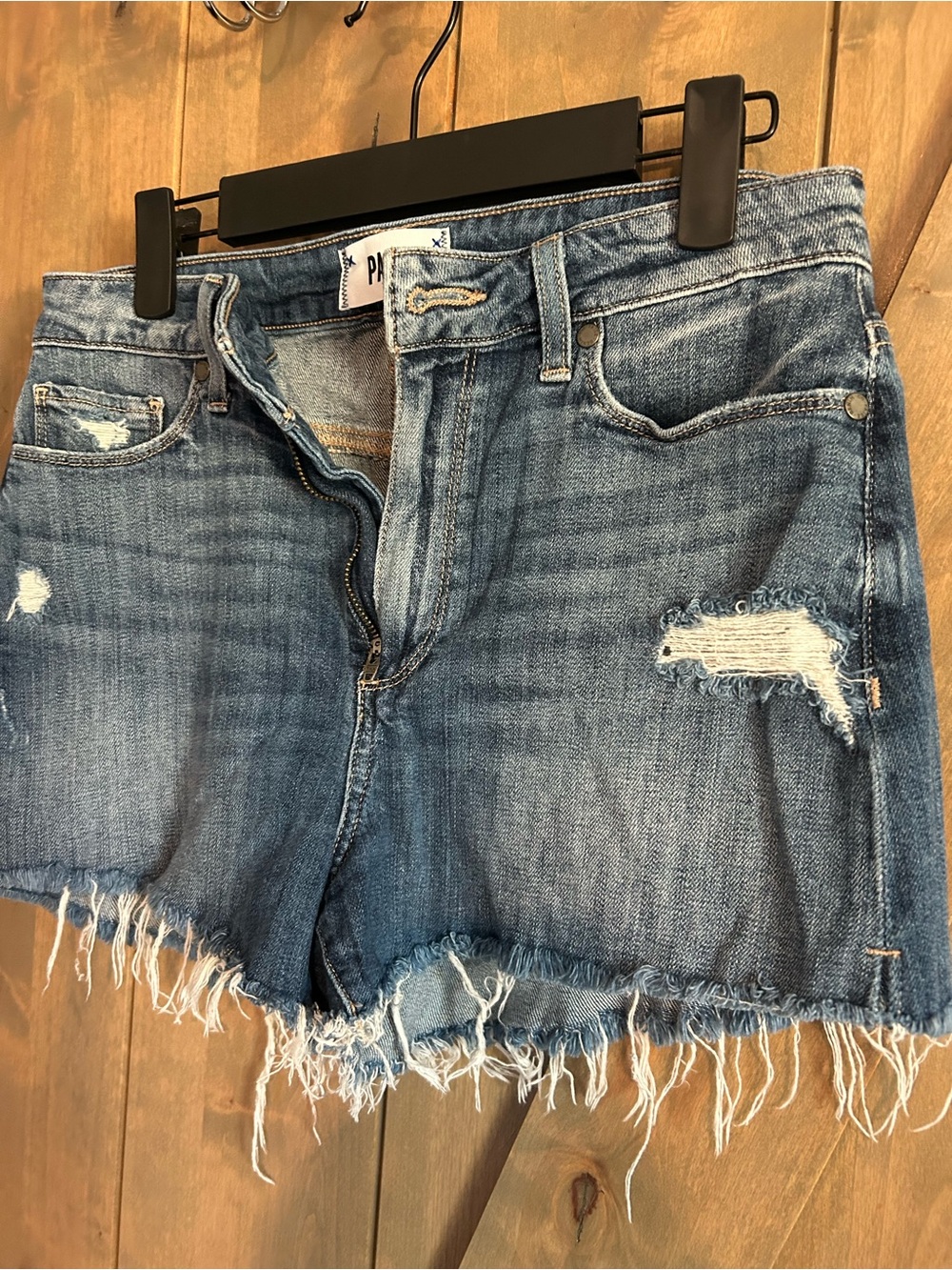 PAIGE Dark Blue Distressed Denim Cutoff Shorts - Picture 4 of 7